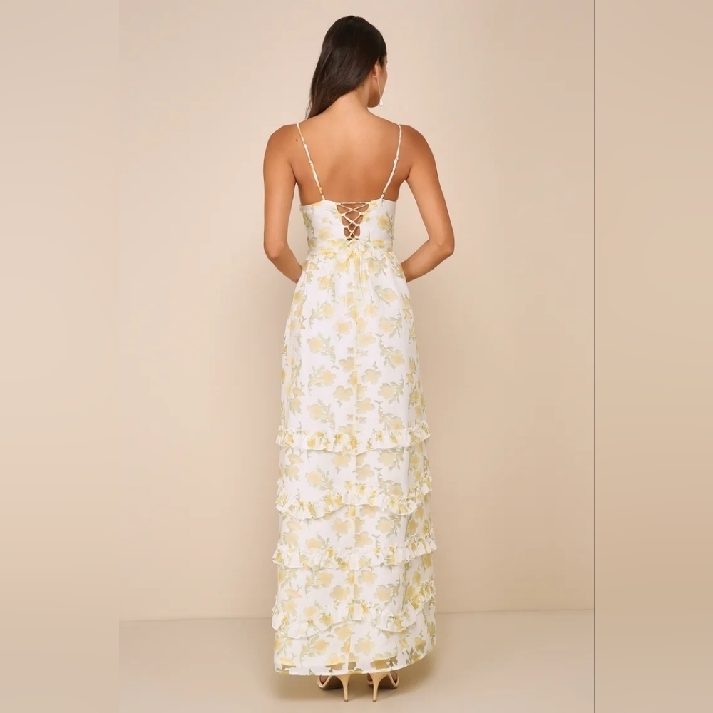 Lulus Gorgeous Occasion Cream Floral Burnout Lace-Up Tiered Maxi Dress M Wedding - Picture 5 of 13